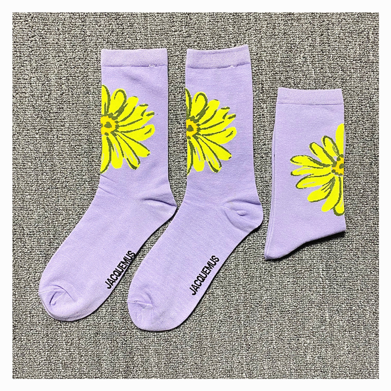 Tide Spring And Summer 20SS JACQ Romantic Blue-violet Daisies Sunflowers Cotton Socks For Men And Women Sports Leisure Sock